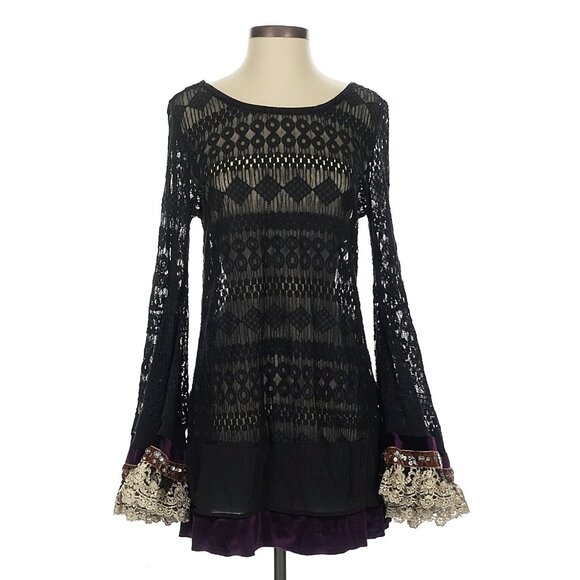 RARE Free People Black Lace Velvet Silk Bell Sleeve Whimsigoth Mini Dress Tunic - Picture 3 of 16
